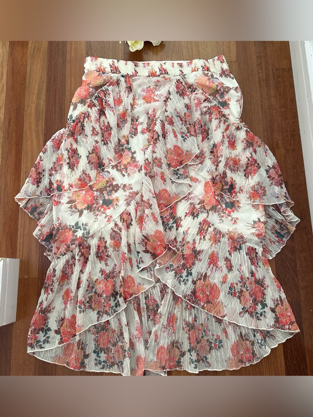 Floral Ruffle Tiered Women’s Top - White with Coral Pink Flowers